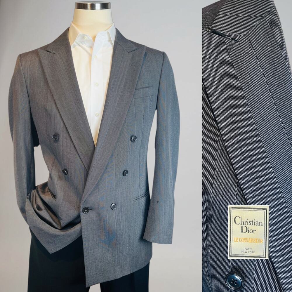 Vtg Christian Dior Le Connaisseur Blazer 41-42L Gray Double Breasted Power Note